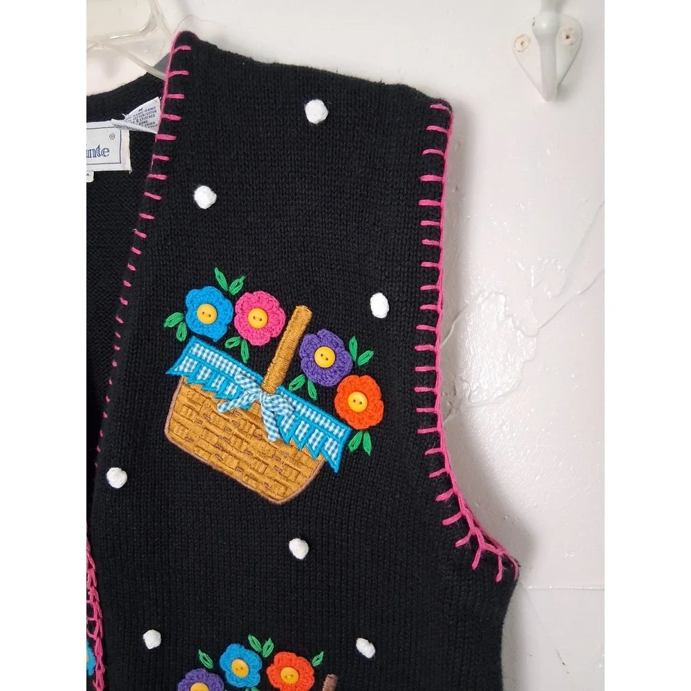 Vintage Floral 3D Embroidered Sweater Vest Size Med Granny Core‎ Cottage Core
